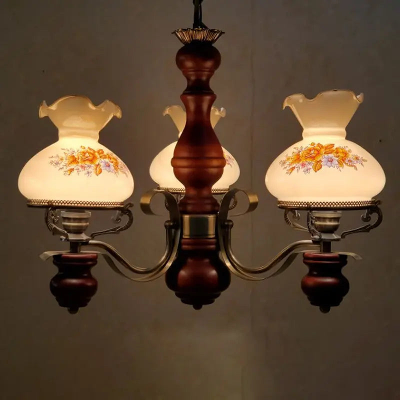 Traditional Rustic Candelabra Round Flower Iron Solid Wood 3-light Chandelier for Living Room BulbSquare