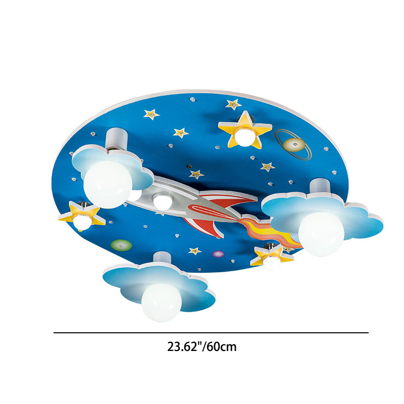 Lumendat Modern Art Deco Kids Wood Plastic Round Rocket Starry Sky LED Flush Mount Ceiling Light For Bedroom Lumendat