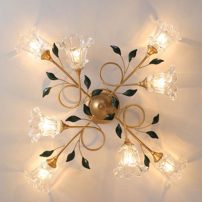Traditional European Floral Iron Glass 6/8/10 Light Semi-flush Mount Ceiling Light for Bedroom