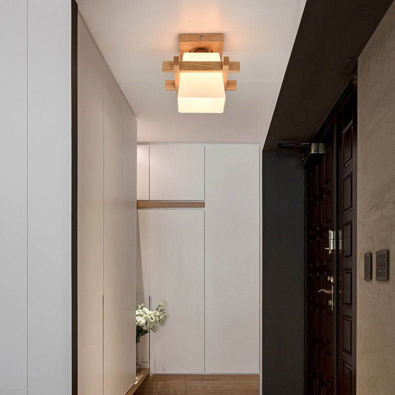 Traditional Japanese Wood Frame Glass Column 1-light Semi-flush Mount Ceiling Light for Living Room