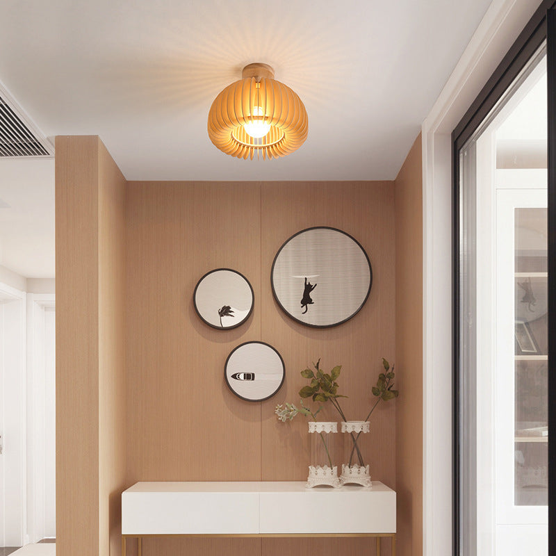 Traditional Japanese Iron Wood Round Grille 1-Light Semi-Flush Mount Ceiling Light For Hallway