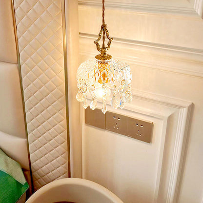 Modern Art Deco Brass Checkered Glass Shade Crystal Beads 1-light Pendant Light for Living Room