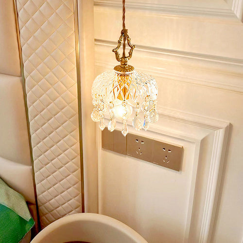 Modern Art Deco Brass Checkered Glass Shade Crystal Beads 1-light Pendant Light for Living Room