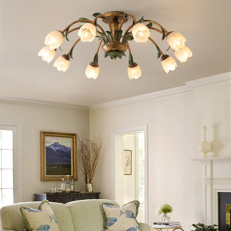 Traditional Rustic Floral Iron Glass 6/8/10 Light Semi-Flush Mount Ceiling Light For Living Room Lumendat