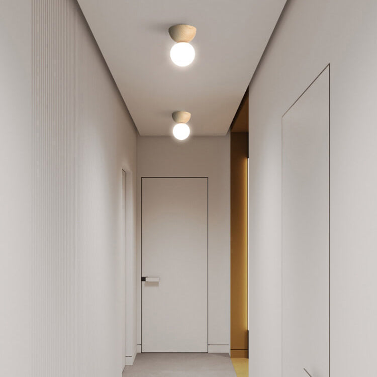 Japanese Minimalist Wood Grain Glass Round 1-Light Flush Mount Ceiling Light Lumendat