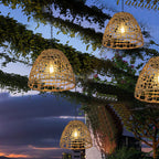 Traditional Rustic Iron Net Rattan Weaving Cage LED Solar Waterproof Pendant Light for Outdoor Patio BulbSquare