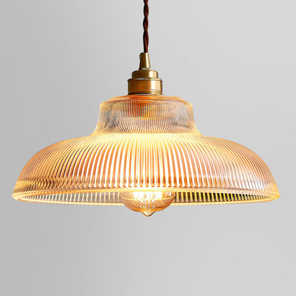 Traditional Vintage Ribbed Glass Disc Shade Brass 1-light Pendant for Living Room