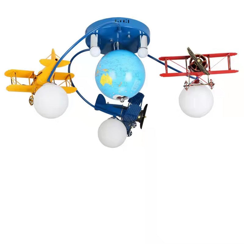 Lumendat Modern Art Deco Orb Airplane Globe Glass Iron Kids 6-Light Flush Mount Ceiling Light For Bedroom Lumendat
