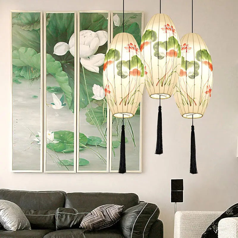 Oriental Antique Handmade Oval Lantern Fabric 1-light Pendant Light Lumendat