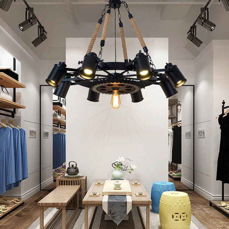 Contemporary Industrial Retro Gear Wrought Ion Hemp Rope 7/9/11-Light Chandelier For Living Room Lumendat