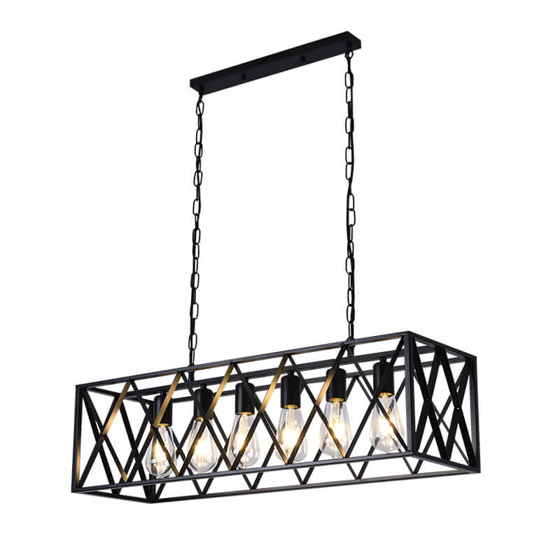 Traditional Farmhouse Rectangular Geometric Iron Cage 4/6 Light Island Light Chandelier for Dining Room