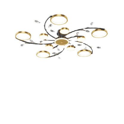 Modern Luxury Branch Round Metal Iron Acrylic Crystal Silicone LED Semi-flush Mount Ceiling Light for Living Room