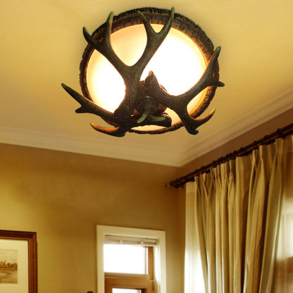 Vintage Industrial Antler Resin Glass Round 2/3/5 Light Flush Mount Ceiling Light