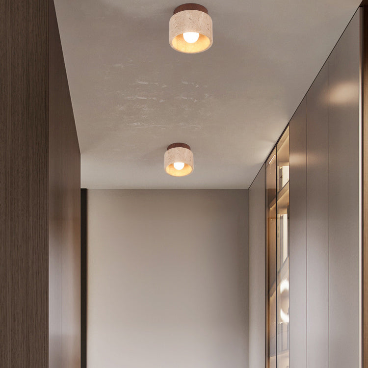 Japanese Wabi-Sabi Yellow Travertine Column Wood 1-Light Semi-Flush Mount Ceiling Light Lumendat
