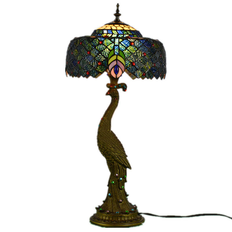 Vintage Tiffany Peacock Gem Dome Glass Resin 1-Light Table Lamp Lumendat