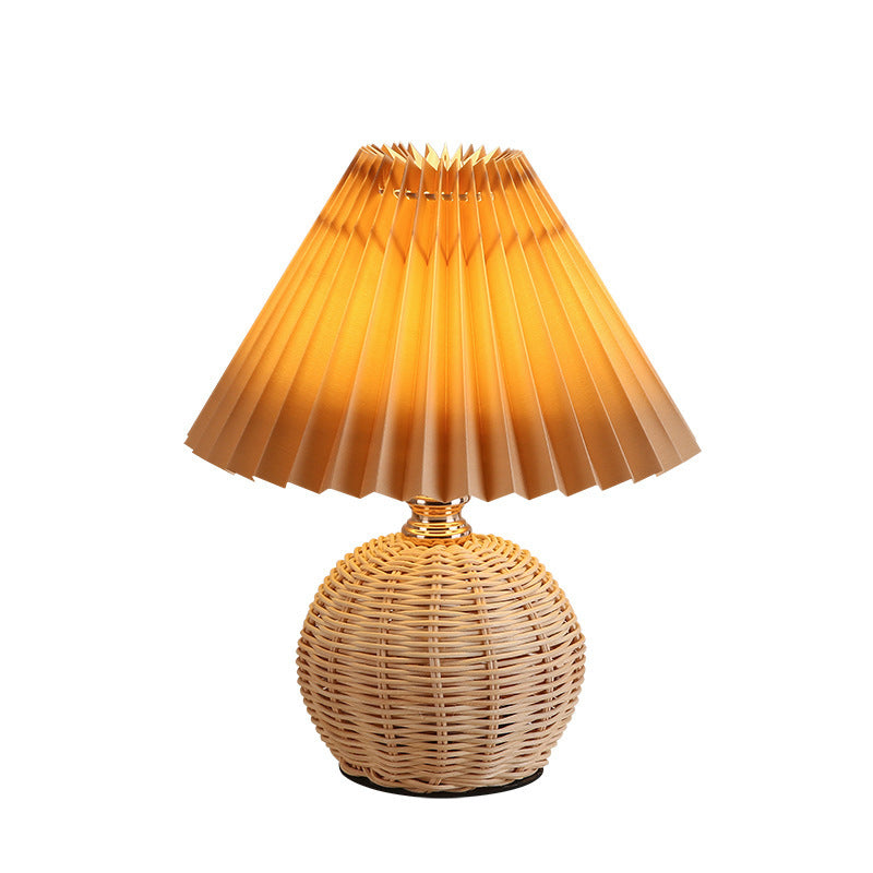 Contemporary Nordic Rattan Fabric Pleated Conic Ball LED Table Lamp For Bedroom Lumendat
