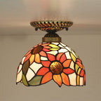 Traditional Tiffany Stained Glass Sunflower Bowl Shape 1-Light Semi-Flush Mount Ceiling Light For Living Room