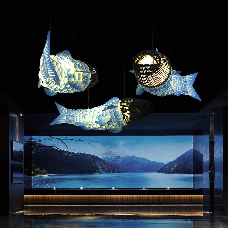 Traditional Chinese Koi Fish Iron Pvc Fabric 2/4 Light Chandelier for Dining Room