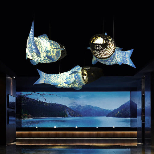 Traditional Chinese Koi Fish Iron Pvc Fabric 2/4 Light Chandelier for Dining Room