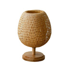Traditional Chinese Moso Bamboo Wood Iron Weaving Oval Round 1-Light Table Lamp For Bedroom Lumendat