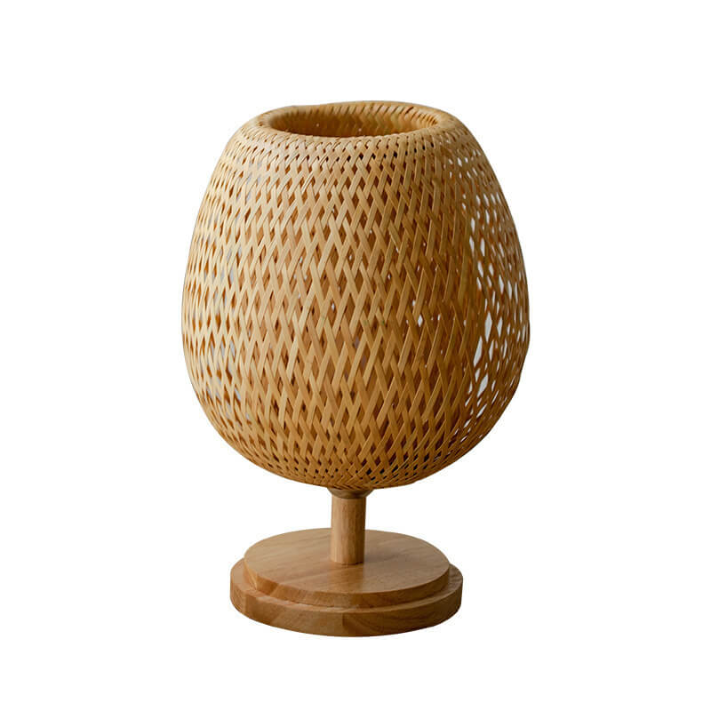 Traditional Chinese Moso Bamboo Wood Iron Weaving Oval Round 1-Light Table Lamp For Bedroom Lumendat