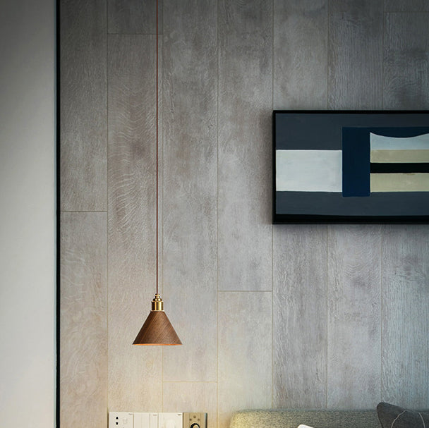 Modern Minimalist Solid Wood Cone Copper 1-light Pendant Light for Living Room BulbSquare