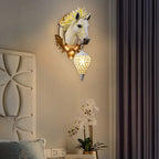Modern Eclectic Resin Horse Head Decor Crystal Round Shade 1-Light Wall Sconce Lamp For Living Room Lumendat