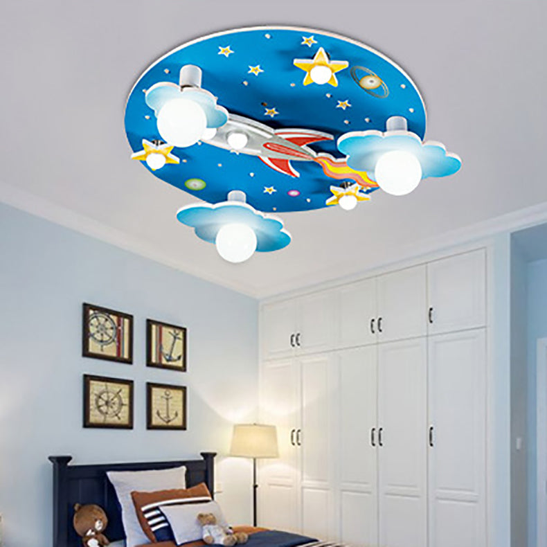 Lumendat Modern Art Deco Kids Wood Plastic Round Rocket Starry Sky LED Flush Mount Ceiling Light For Bedroom Lumendat