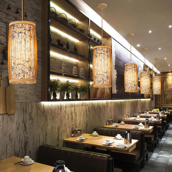 Modern Chinese Cylinder Waist Drum Bamboo Weaving 1-light Pendant Light