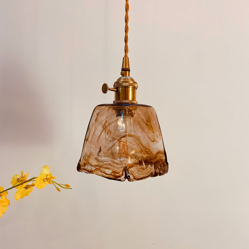 Traditional Vintage Amber Square Glass Brass 1-light Pendant Light for Living Room BulbSquare