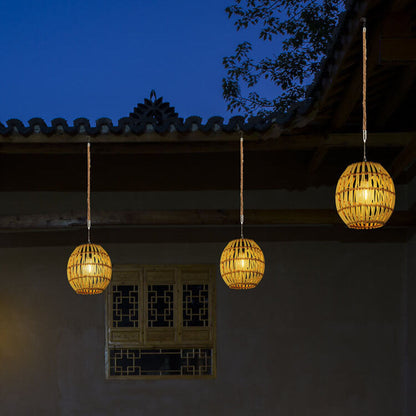 Traditional Vintage Rattan Weaving Cage LED Solar Waterproof Pendant Light for Outdoor Patio