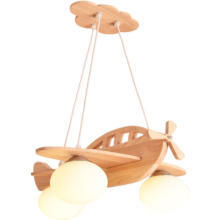 Lumendat Contemporary Creative Rubberwood Aircraft Design Glass 3-Light Kids Chandelier For Bedroom Lumendat