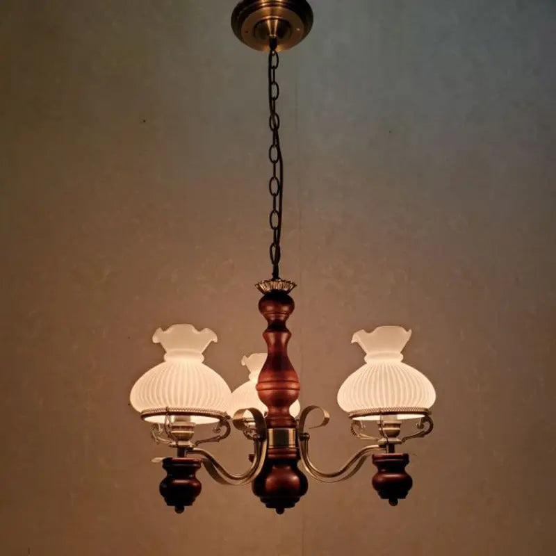 Traditional Rustic Candelabra Round Flower Iron Solid Wood 3-light Chandelier for Living Room BulbSquare