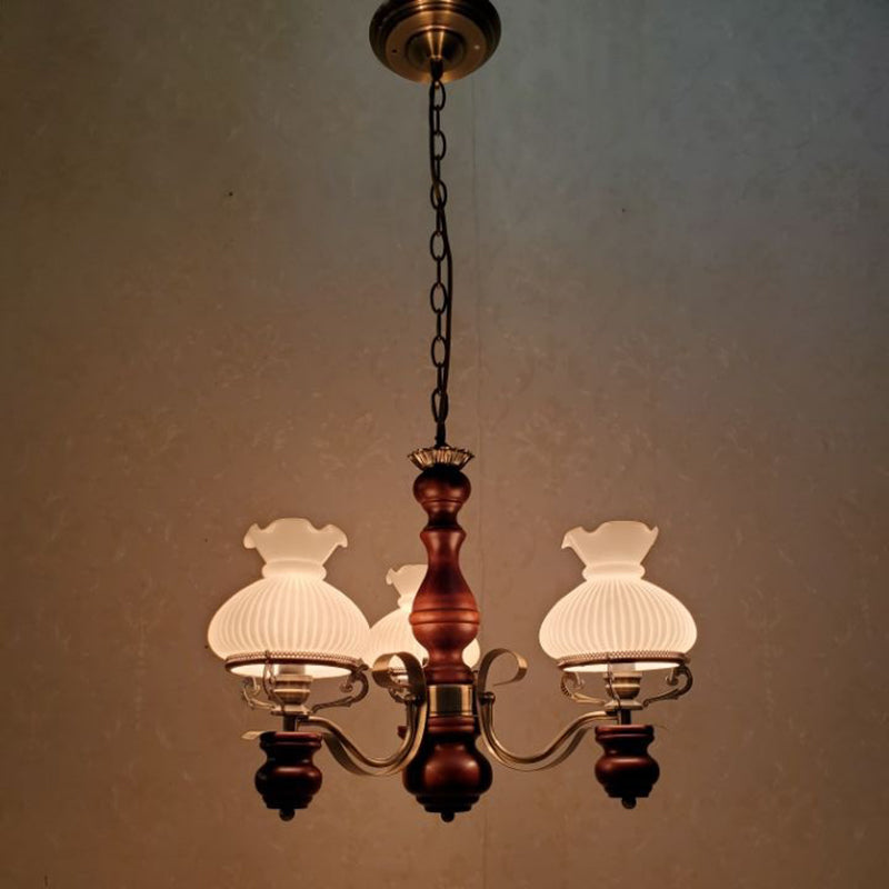 Traditional Rustic Candelabra Round Flower Iron Solid Wood 3-light Chandelier for Living Room