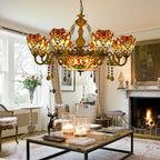 Traditional Tiffany Bead Dome Baroque Iron Glass Alloy 8/11 Light Chandeliers for Living Room BulbSquare