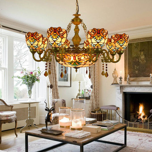 Traditional Tiffany Bead Dome Baroque Iron Glass Alloy 8/11 Light Chandeliers for Living Room
