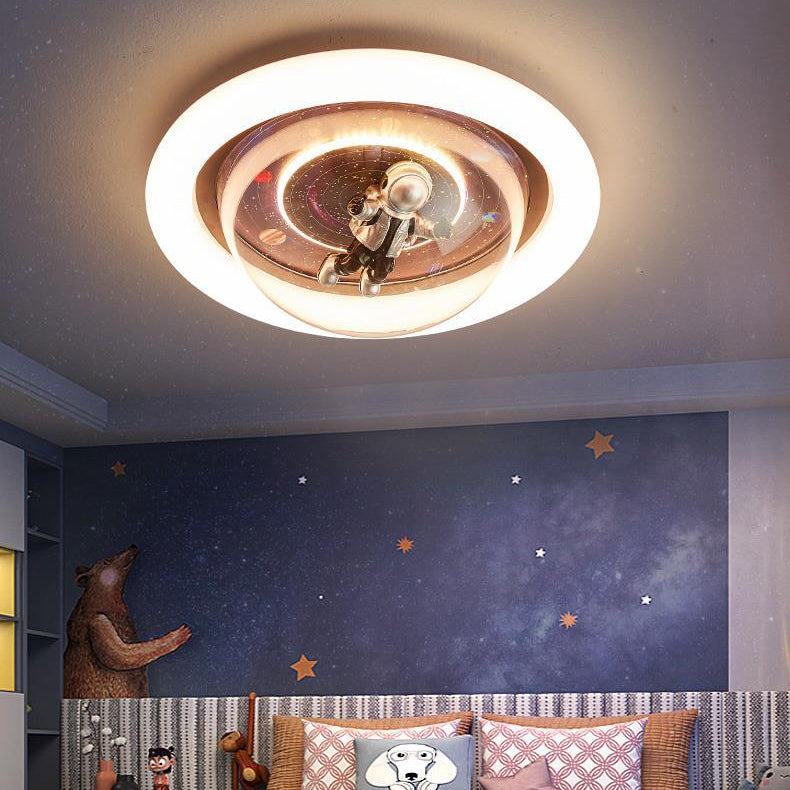 Contemporary Creative Cartoon Planet Resin Astronaut Acrylic Round Shade LED Kids Flush Mount Ceiling Light for Bedroom