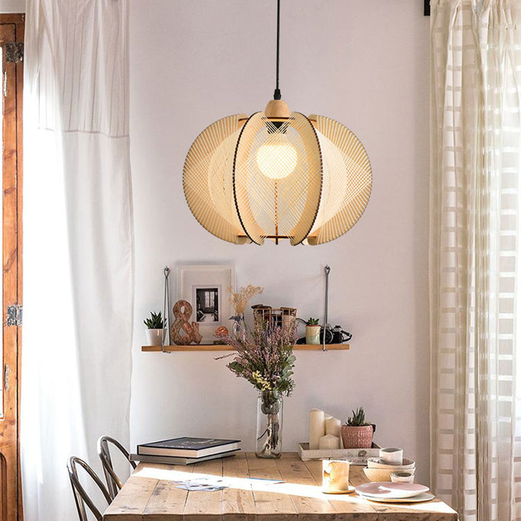 Traditional Japanese Pumpkin Round Twine Rope Wooden 1-light Pendant Light for Bedroom
