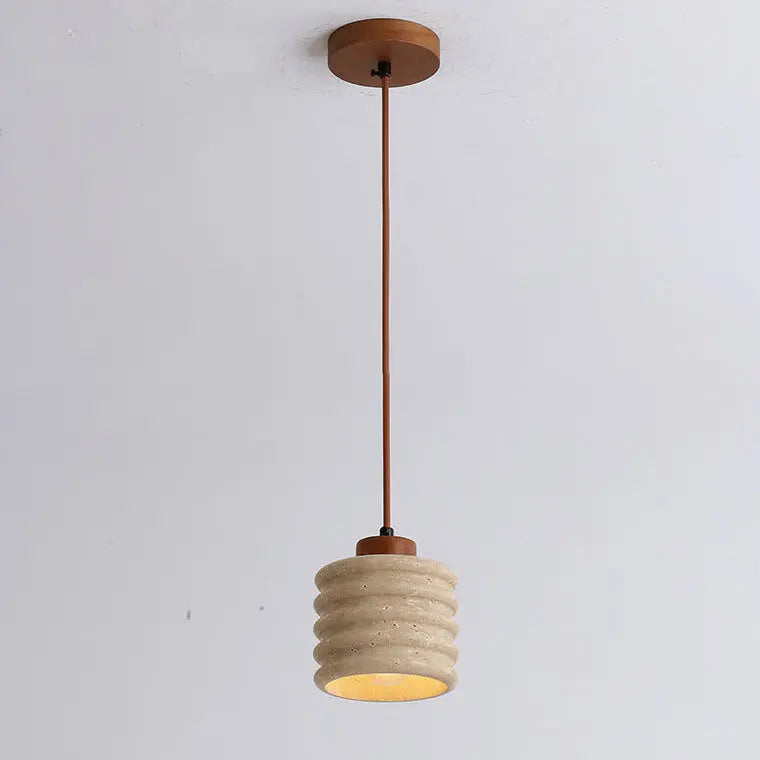 Japanese Wabi-sabi Yellow Travertine Cylinder Lampshade Wood 1-light Pendant Light Lumendat