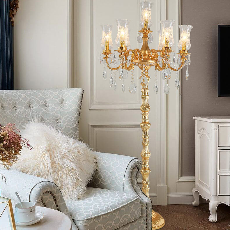 Traditional Luxury Golden Crystal Zinc Alloy Candle Holder 7-Light Standing Floor Lamp For Bedroom Lumendat