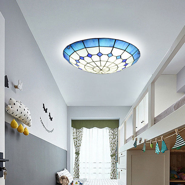 Traditional Tiffany Mediterranean Stained Glass Dome 2-light Flush Mount Ceiling Light for Hallway