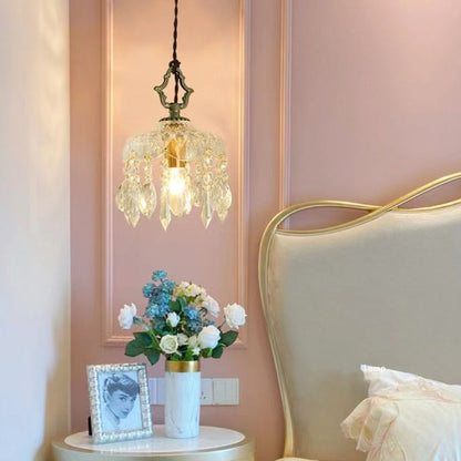 Modern Art Deco Brass Checkered Glass Shade Crystal Beads 1-light Pendant Light for Living Room