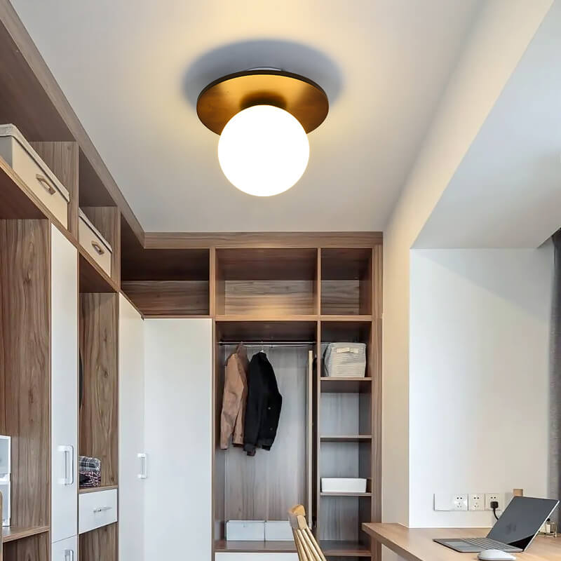 Japanese Minimalist Glass Iron Woodgrain 1-light Semi-flush Mount Ceiling Light