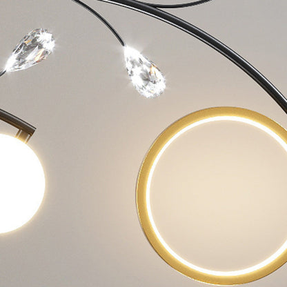 Modern Luxury Branch Round Metal Iron Acrylic Crystal Silicone LED Semi-flush Mount Ceiling Light for Living Room