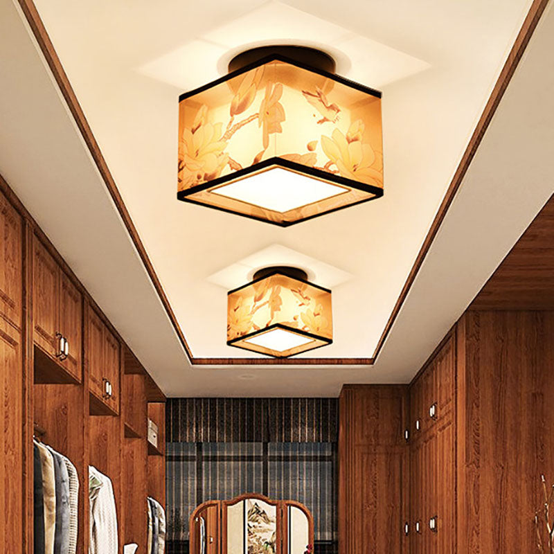 Traditional Chinese Square Iron Fabric 1-light Semi-flush Mount Ceiling Light for Hallway