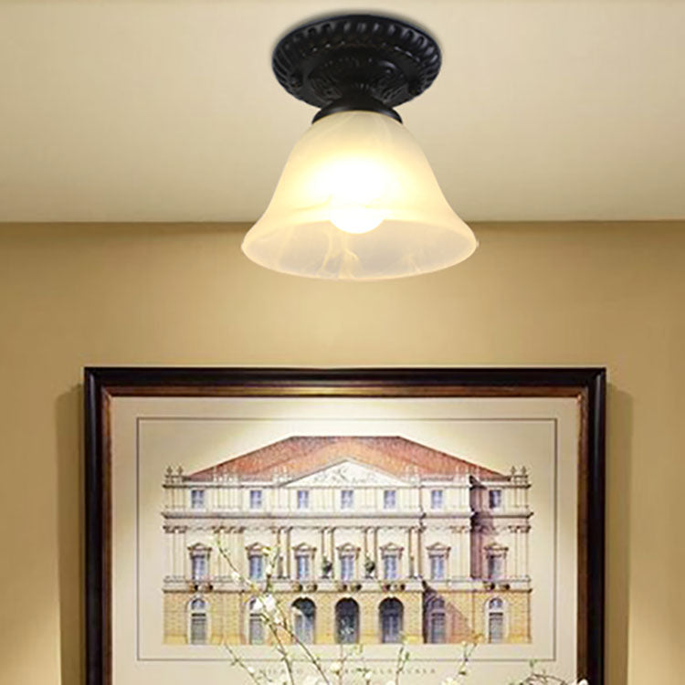 Contemporary Retro Floral Bell Round Iron Glass 1-Light Semi-Flush Mount Ceiling Light For Hallway Lumendat