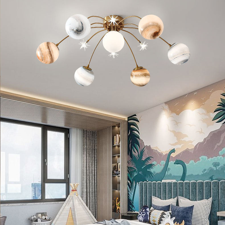 Contemporary Creative Starry Sky Moon Iron Glass 13-light Semi-flush Mount Ceiling Light for Bedroom