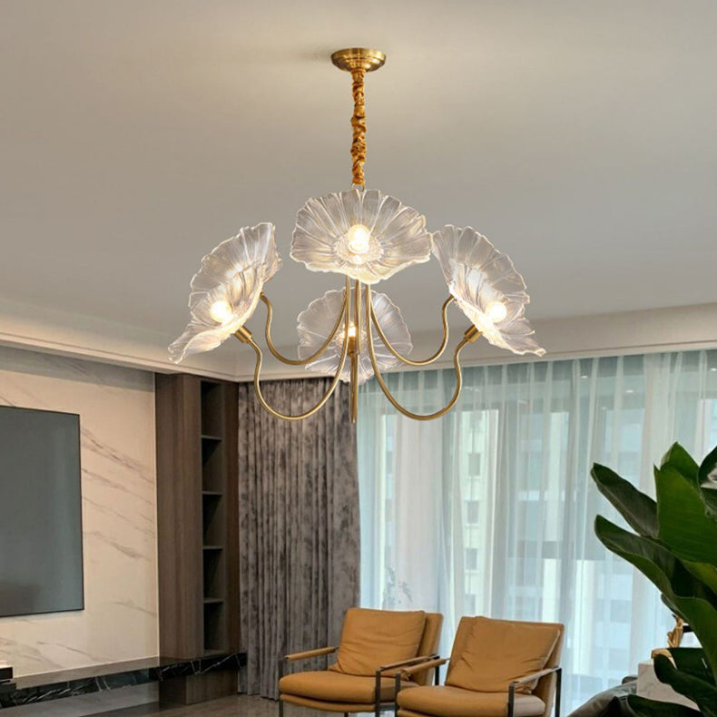 Modern Art Deco Gold Finish Frame Lotus Leaf Glass Shade 3/6-light Chandelier for Living Room