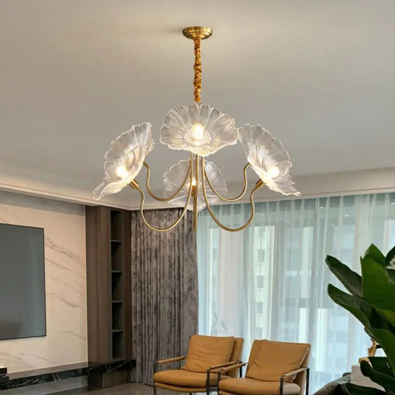 Modern Art Deco Gold Finish Frame Lotus Leaf Glass Shade 3/6-light Chandelier for Living Room Lumendat