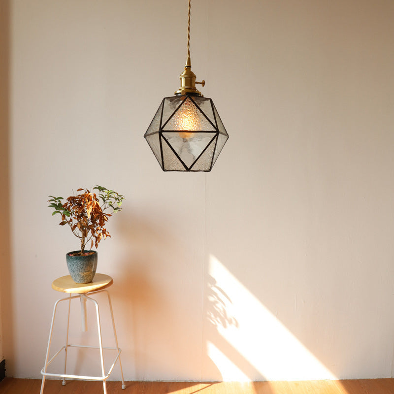 Traditional Vintage Polygonal Brass Stained Glass 1-light Pendant Light for Living Room